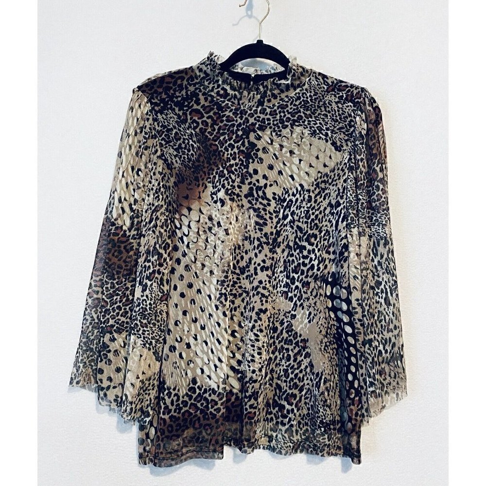 Chicos Top Womens Large Cheetah Snake Print Mock Neck Mesh Wide Pleated Sleeve